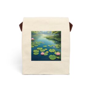 Canvas lunch bag with strap featuring a peaceful lotus pond design