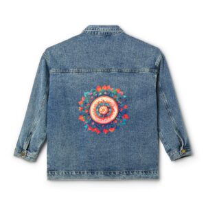 Women's denim jacket with a colorful mandala design on the back