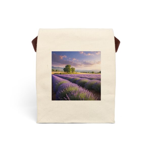 Canvas lunch bag with strap featuring a lavender field landscape design