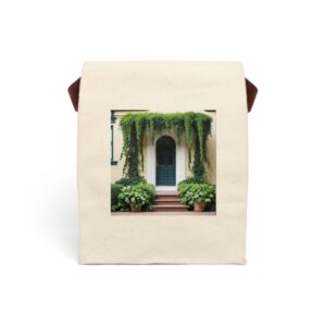 Canvas lunch bag with strap featuring a charming doorway with cascading greenery design