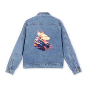 Men's denim jacket with a vibrant wolf graphic design on the back