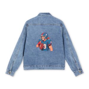 Light blue denim jacket with colorful American football quarterback design on the back