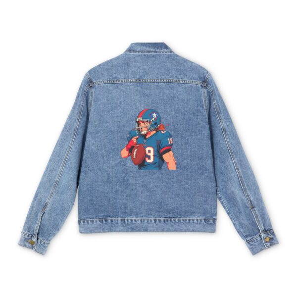 Light blue denim jacket with colorful American football quarterback design on the back