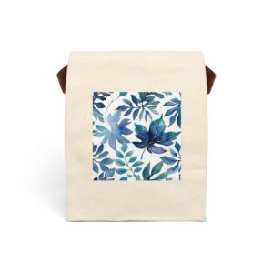 Canvas lunch bag with strap featuring a blue watercolor floral and leaves design