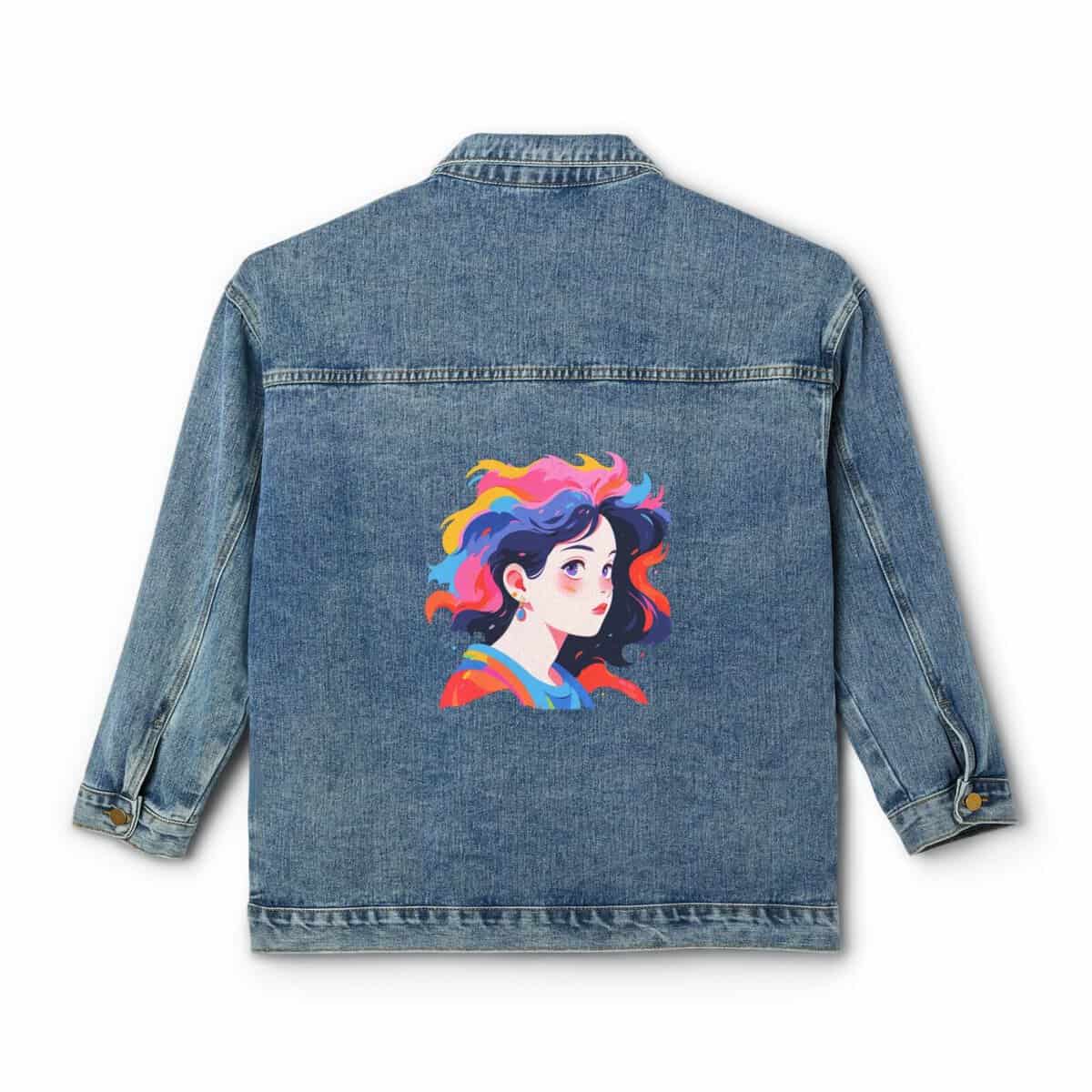 Denim jacket with a colorful comic strip design on the back