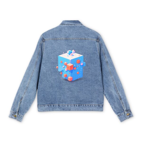 Men's denim jacket with a colorful 3D irregular shape graphic design on the back