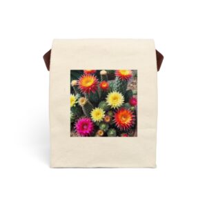 Canvas lunch bag with strap featuring a colorful display of blooming cacti with vibrant pink, yellow, and orange flowers