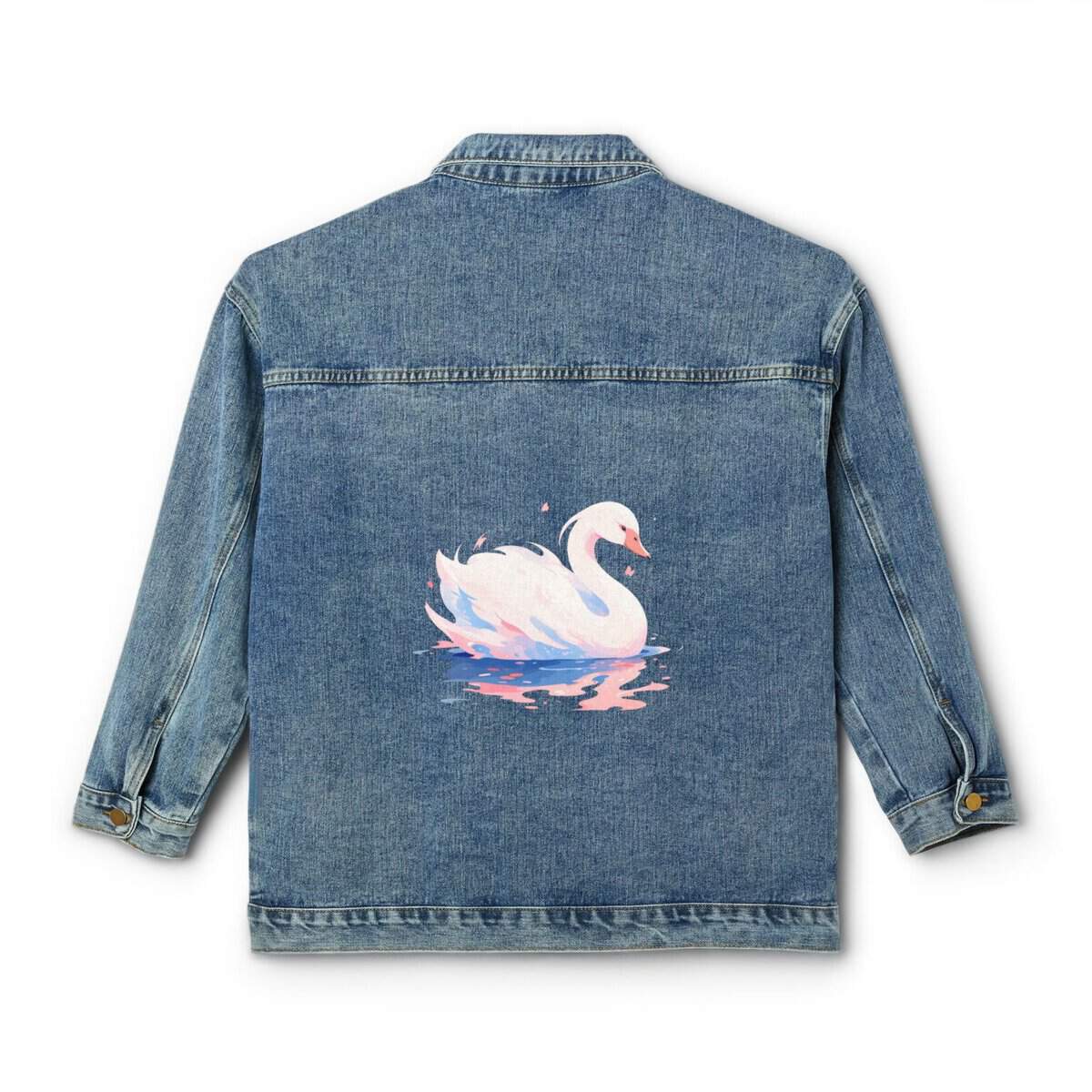 Denim jacket with a colorful swan design on the back