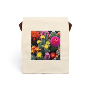 Canvas lunch bag with strap featuring a vibrant cactus garden with colorful blooming flowers