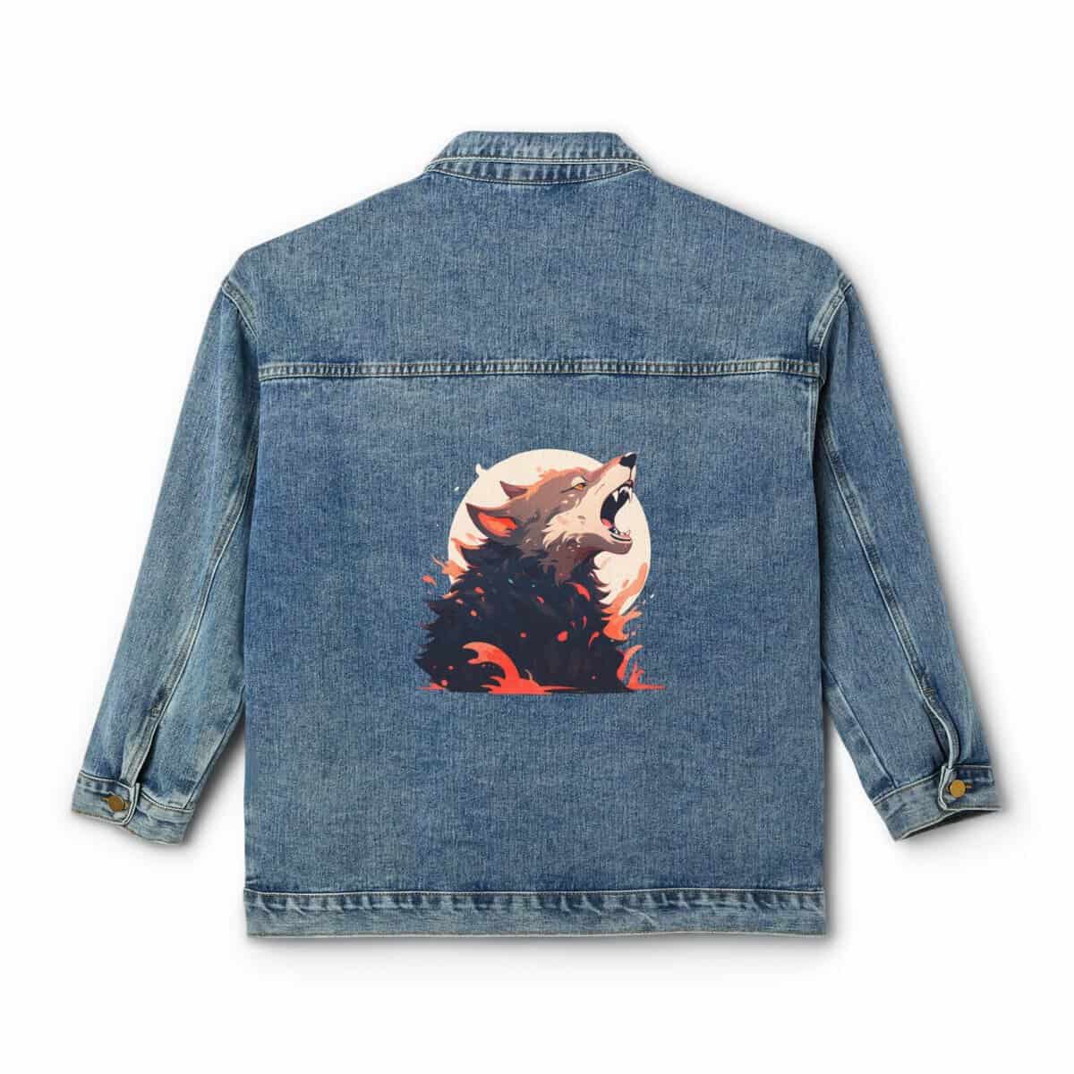 Denim jacket with a colorful wolf design on the back