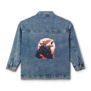 Denim jacket with a colorful wolf design on the back