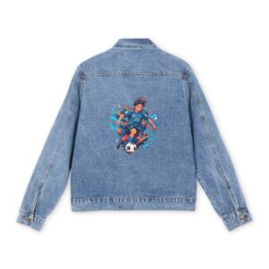 Light blue denim jacket with colorful soccer player action design on the back