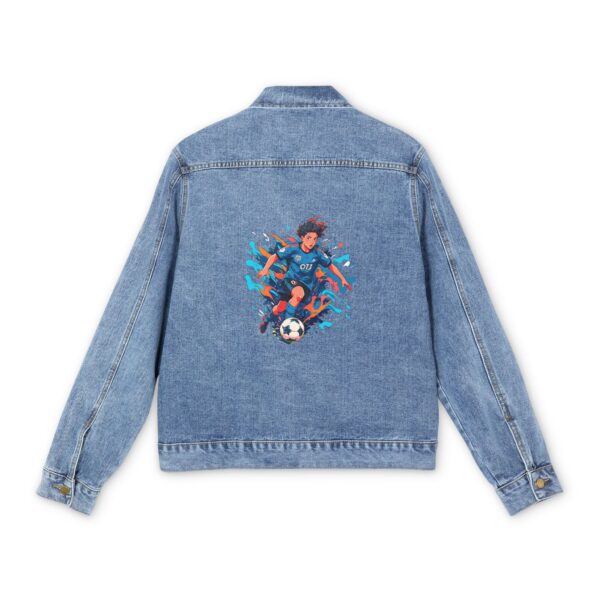 Light blue denim jacket with colorful soccer player action design on the back