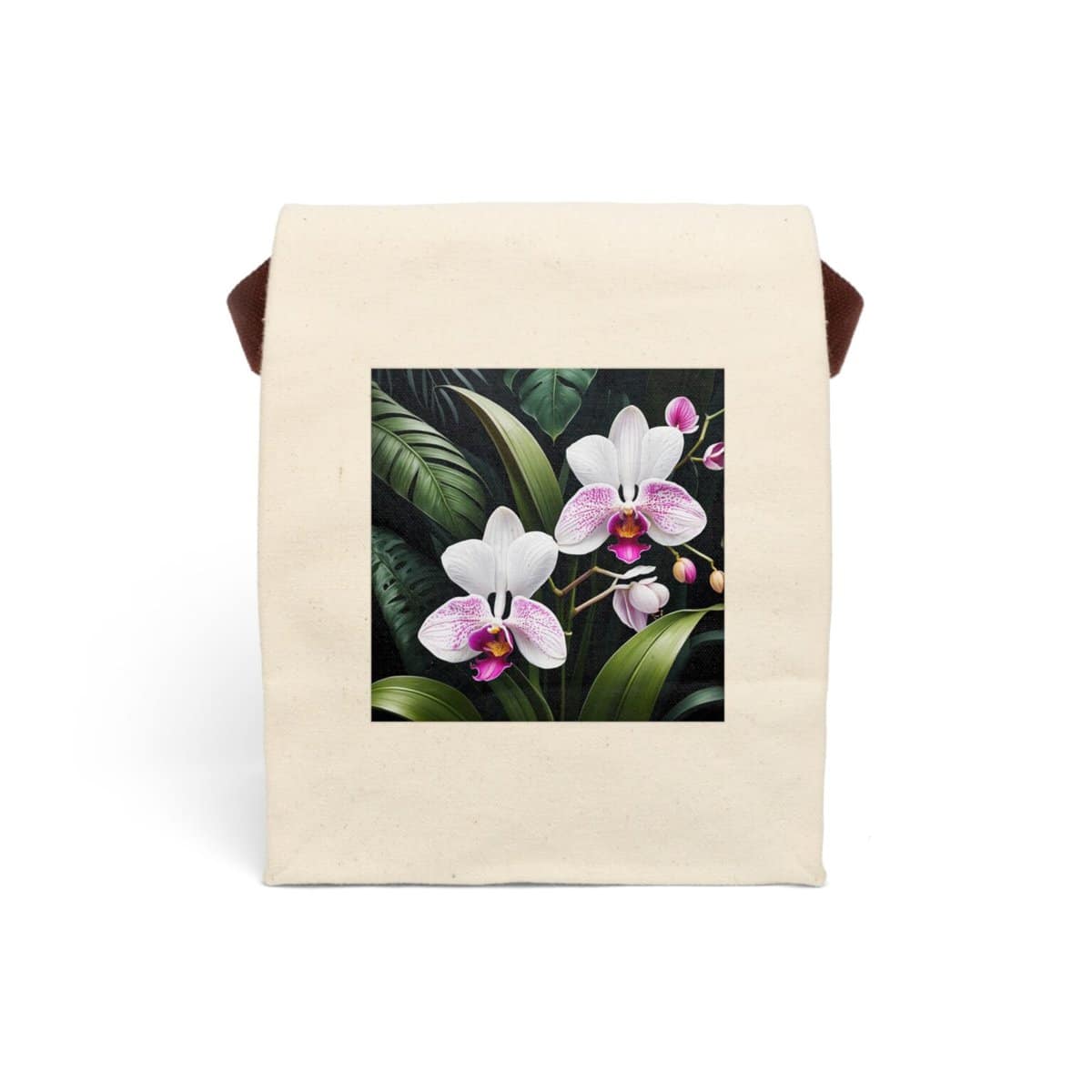 Canvas lunch bag with strap featuring a white orchid and green foliage design