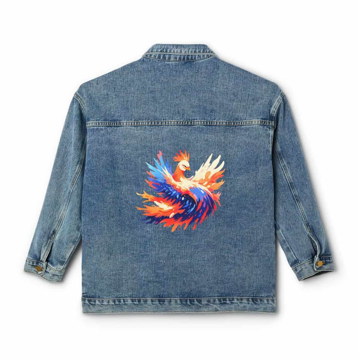 Women's Denim Jacket with a colorful phoenix design on the back