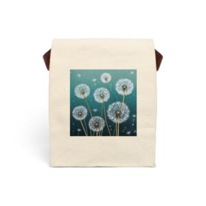 Canvas lunch bag with strap featuring a dandelion seed head design on a teal background