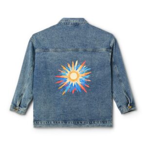 Denim jacket with a colorful geometric starburst design on the back