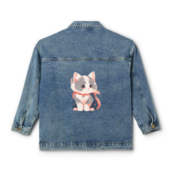 Denim jacket with a colorful kitten design on the back