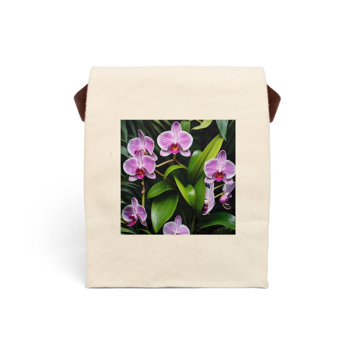 Canvas lunch bag with strap featuring a purple orchid floral design