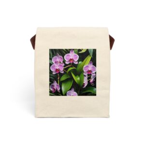 Canvas lunch bag with strap featuring a purple orchid floral design