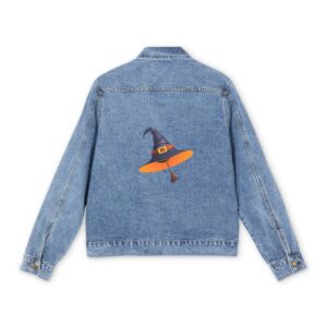 Light blue denim jacket with colorful witch's hat design on the back