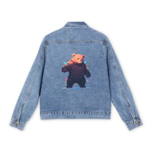 Men's denim jacket with a colorful bear graphic design on the back