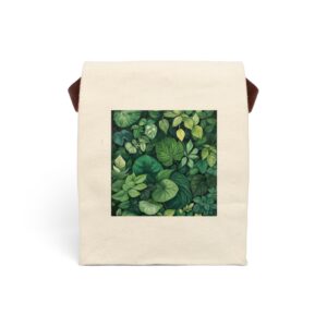 Canvas lunch bag with strap featuring a dense green foliage design