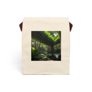 Canvas lunch bag with strap featuring a lush tropical forest design