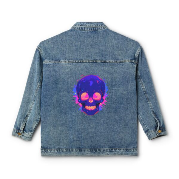 Denim jacket with a colorful pop art skull design on the back