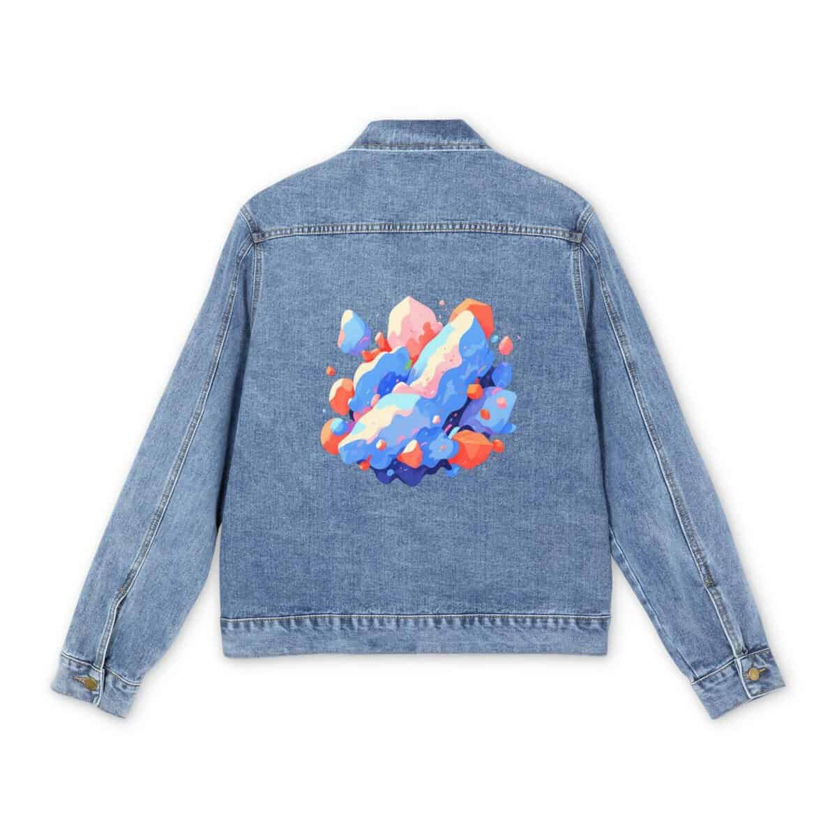 Men's denim jacket with colorful polygonal shapes graphic design on the back