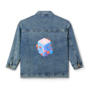 Back view of women's denim jacket with vibrant 3D cube illusion design