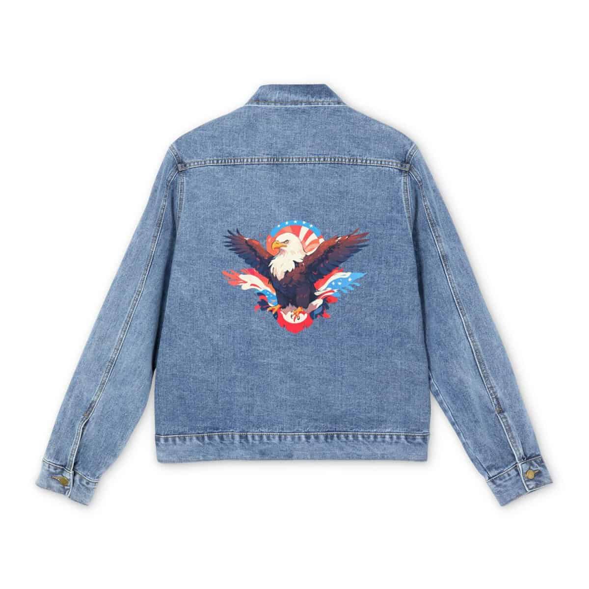 Men's denim jacket with a colorful American eagle graphic design on the back