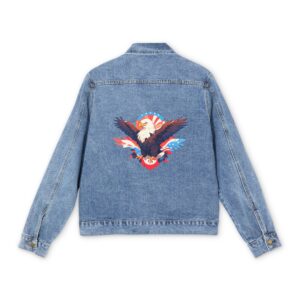 Men's denim jacket with a colorful American eagle graphic design on the back