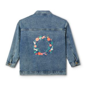 Denim jacket with a colorful geometric floral frame design on the back