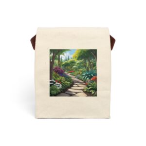 Canvas lunch bag with strap featuring a vibrant garden pathway design