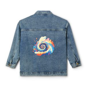 Denim jacket with a colorful geometric spiral design on the back