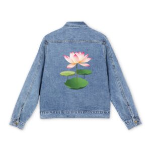 Light blue denim jacket with a pink lotus flower design on the back