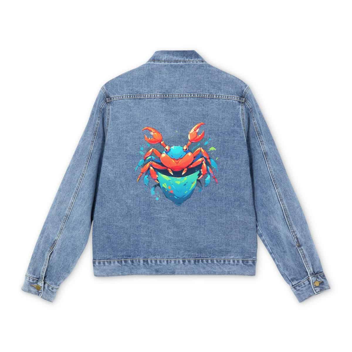 Light blue denim jacket with colorful crab design on the back