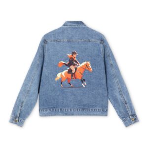 Light blue denim jacket with colorful horse rider design on the back