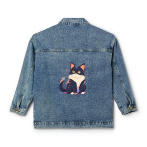 Denim jacket with a colorful cat design on the back