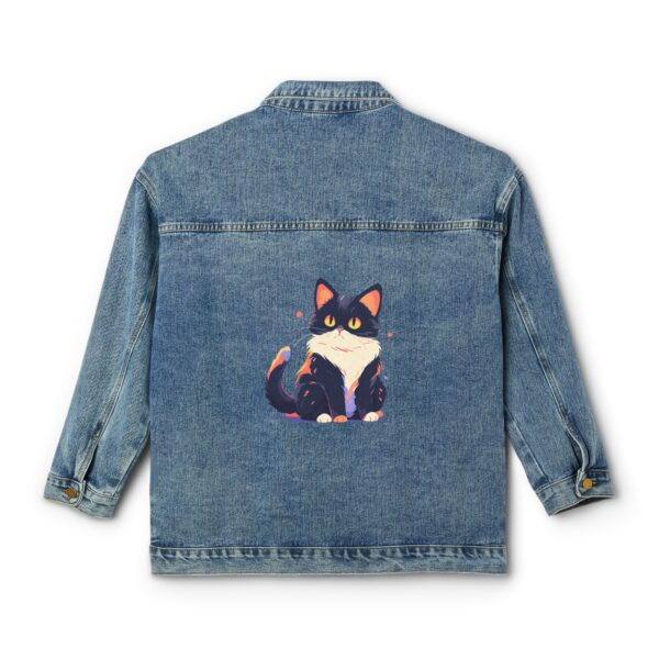 Denim jacket with a colorful cat design on the back