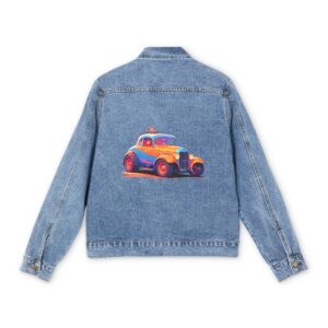 Men's denim jacket with a colorful vintage car graphic design on the back