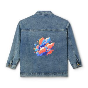 Women's denim jacket with a colorful polygonal shapes design on the back