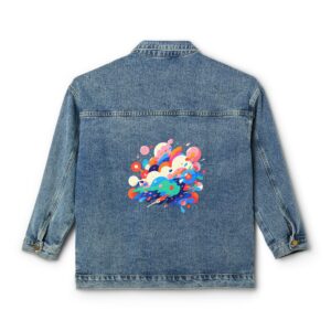 Women's denim jacket with colorful geometric shapes design on the back