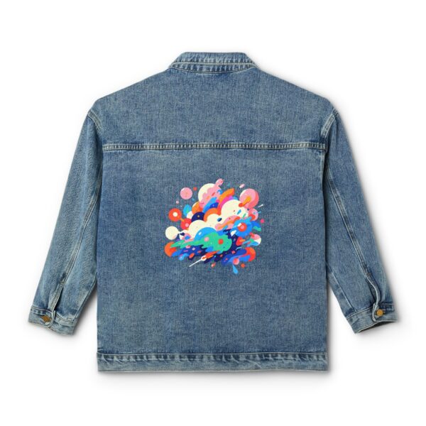 Women's denim jacket with colorful geometric shapes design on the back