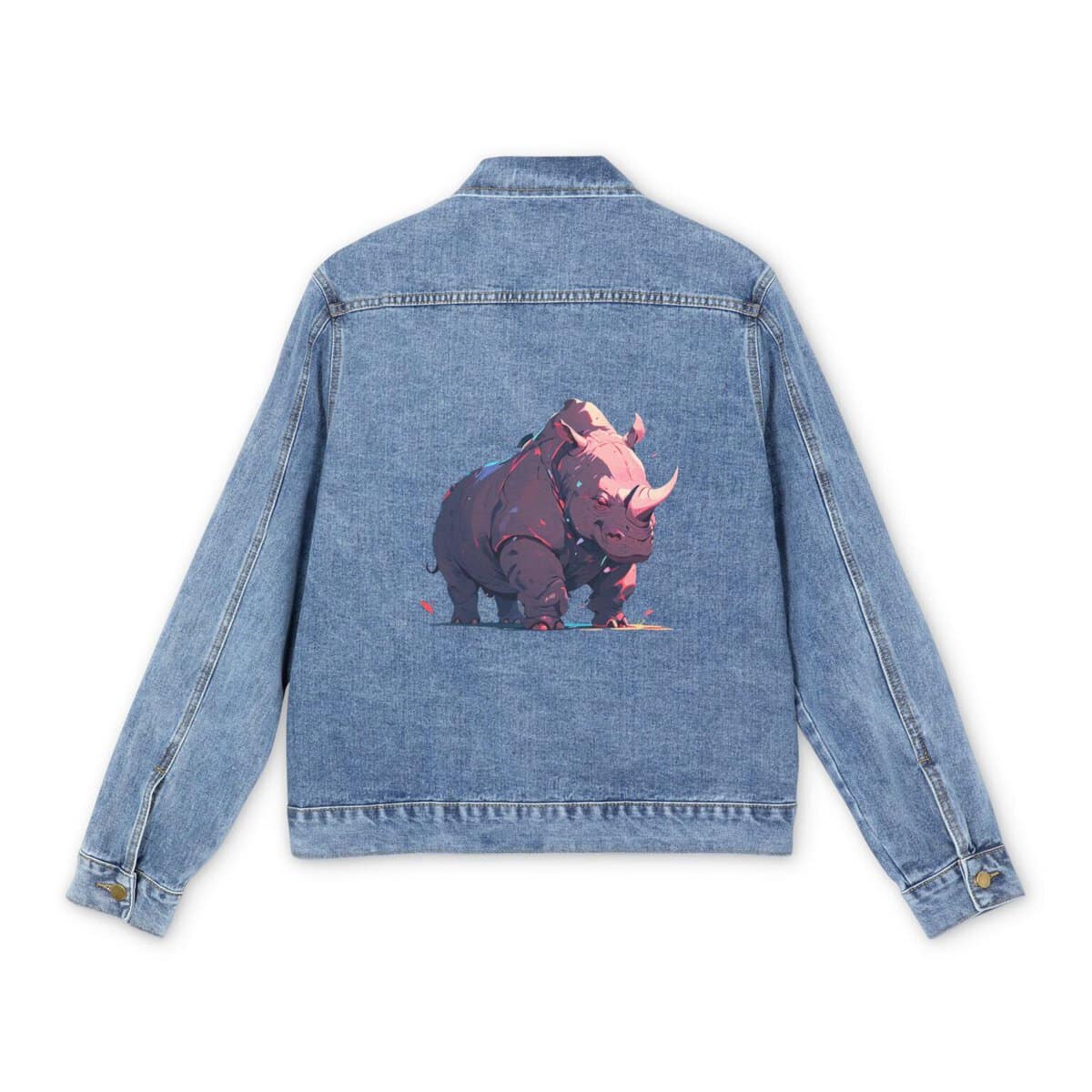 Men's denim jacket with a pink rhino graphic design on the back