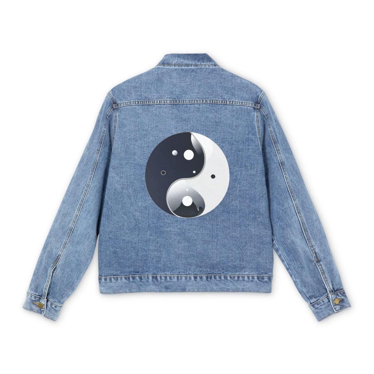 Light blue denim jacket with a black and white yin and yang design on the back