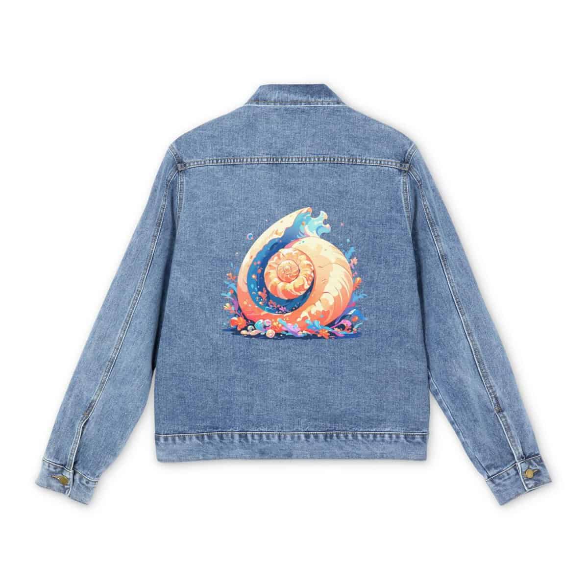 Light blue denim jacket with colorful nautilus shell design on the back