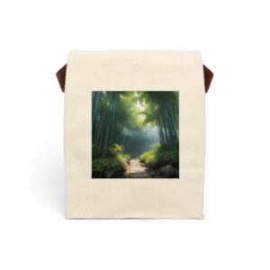 Canvas lunch bag with strap featuring a serene bamboo forest path design