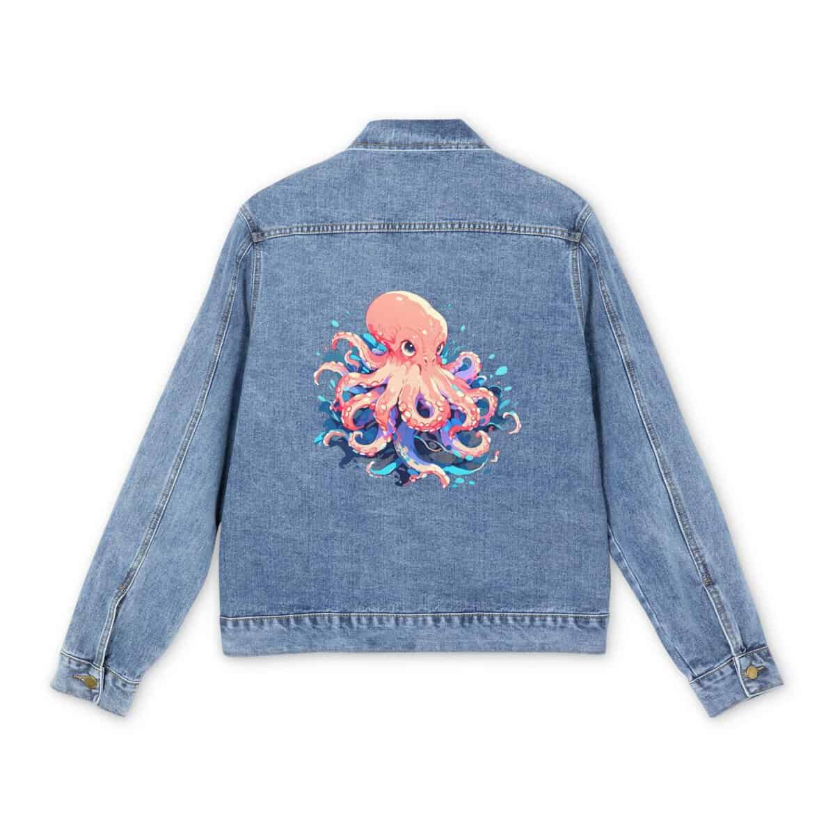 Light blue denim jacket with colorful octopus design on the back